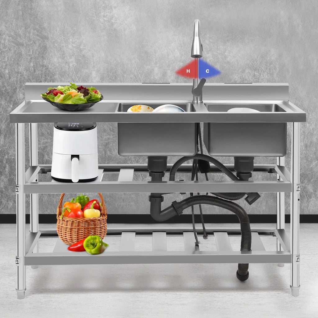 Stainless Sink Utility Kitchen with Steel and Cold Double Sink, Bowl Faucet Hot Wuzstar High Commercial