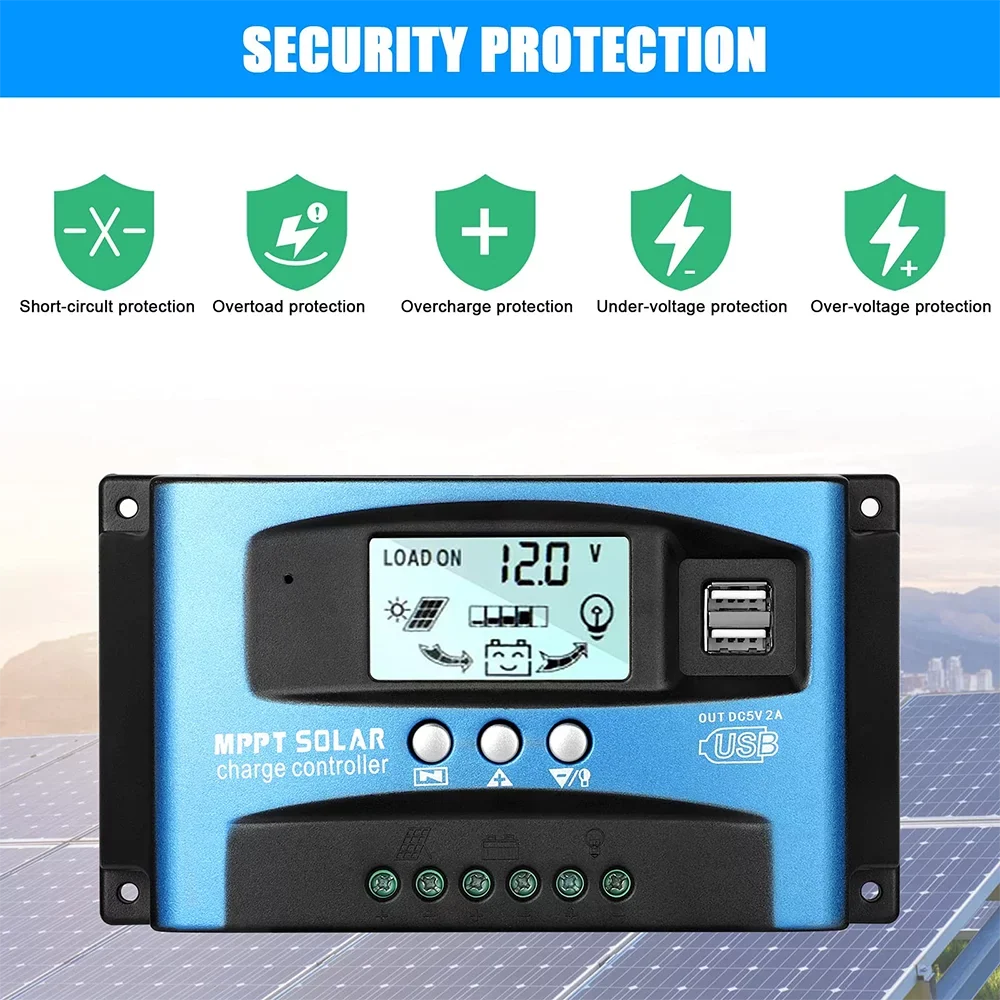 30A USB, MCU Timer(Blue) Control, Dual Controller, Charge Regulator MPPT Controller, Solar Panel Charger Build-in Efficiency, Solar Charging High
