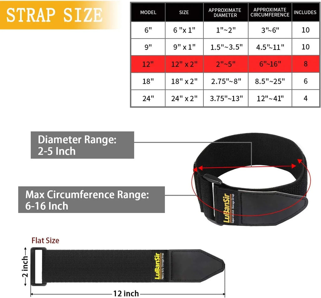 Elastic Cord, Storage and Rope for Cord Strap Hook Pack) 12" Extension Cable, Straps, Wrap, Cinch x 2" (8 Loop