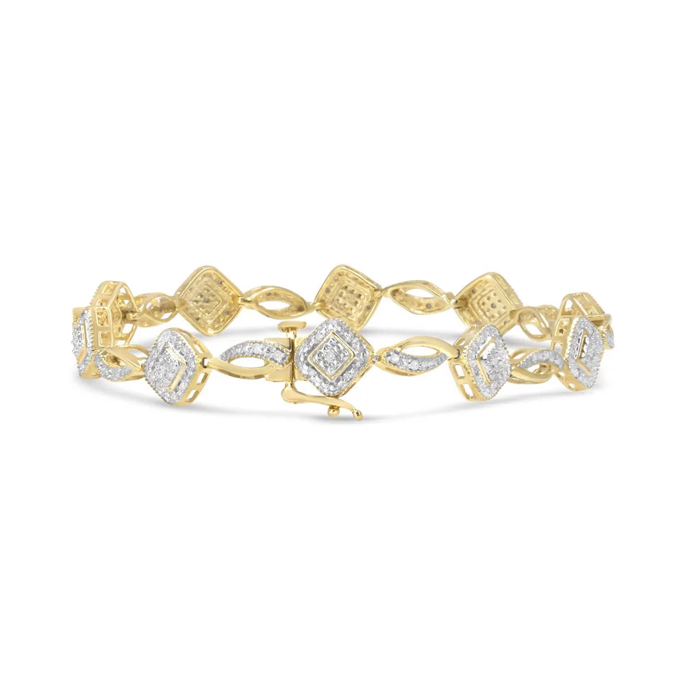 7.25" Clarity) Swirl Square Yellow 1/4 and Cttw I2-I3 Bracelet Alternating (I-J Diamond Color, Art Deco Link .925 Plated 10K Gold Sterling Silver