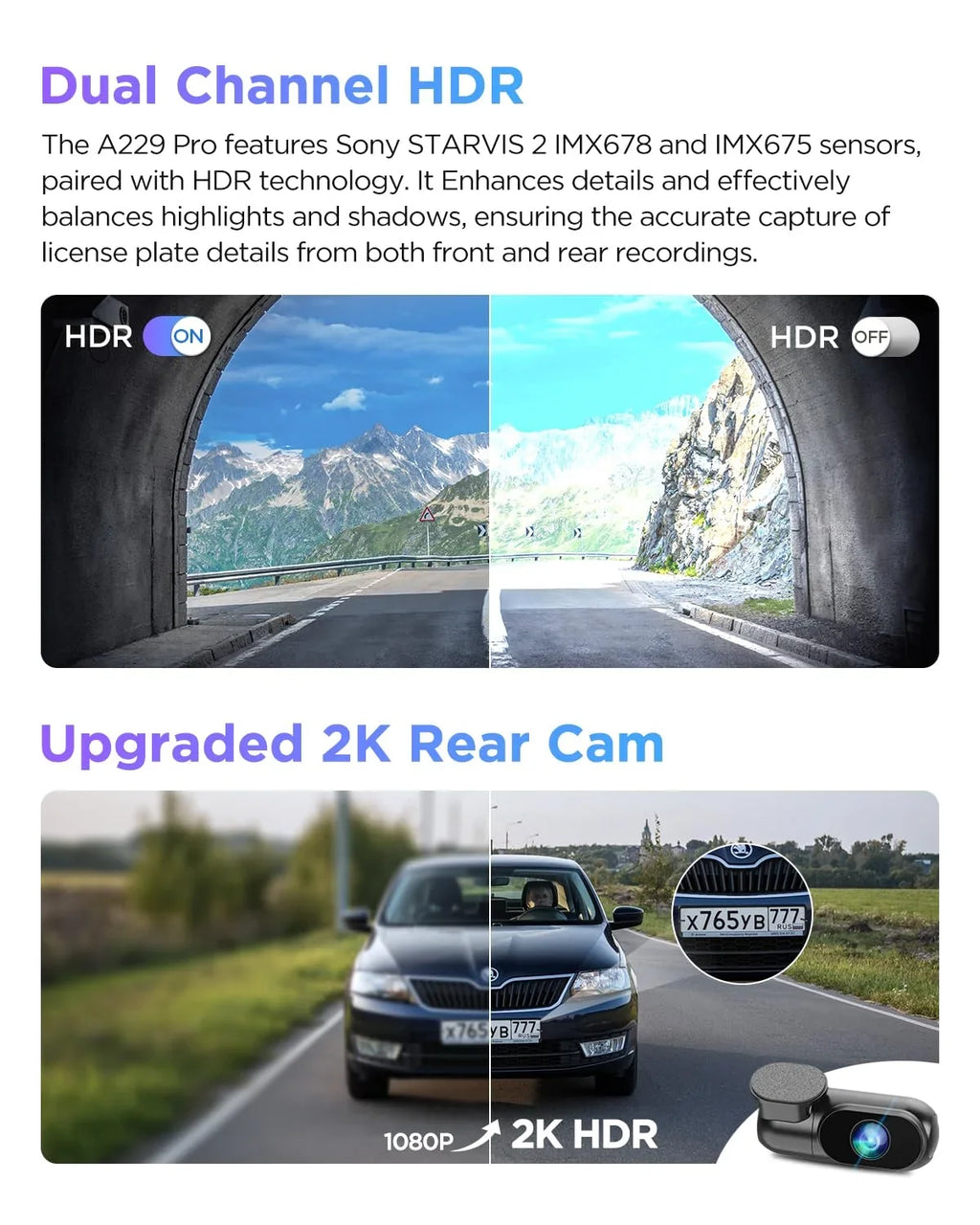 VIOFO Dual 2CH Rear A229 IMX678 lb 2 4K+2K Pro IMX675 2 Camera & Front with Car Dashcam STARVIS GPS,