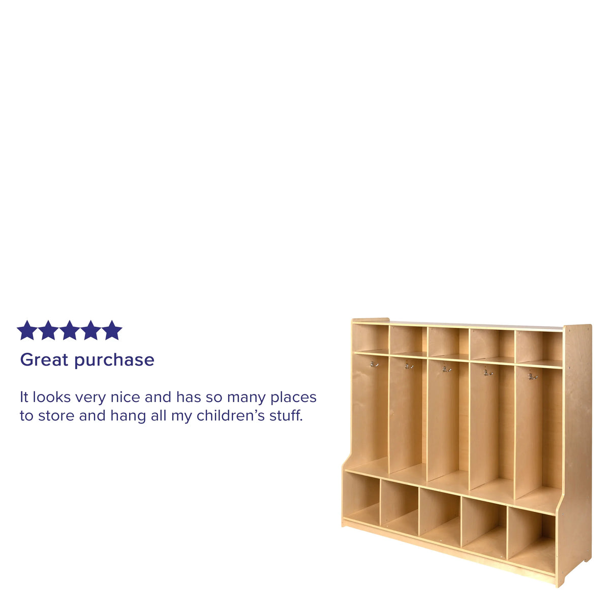 5 Design BizChair Locker Cubbies, Wooden Friendly and Storage Organizer Bench, 48"H School Coat 48"L - with Kid x Section Hook-Safe, (Natural)