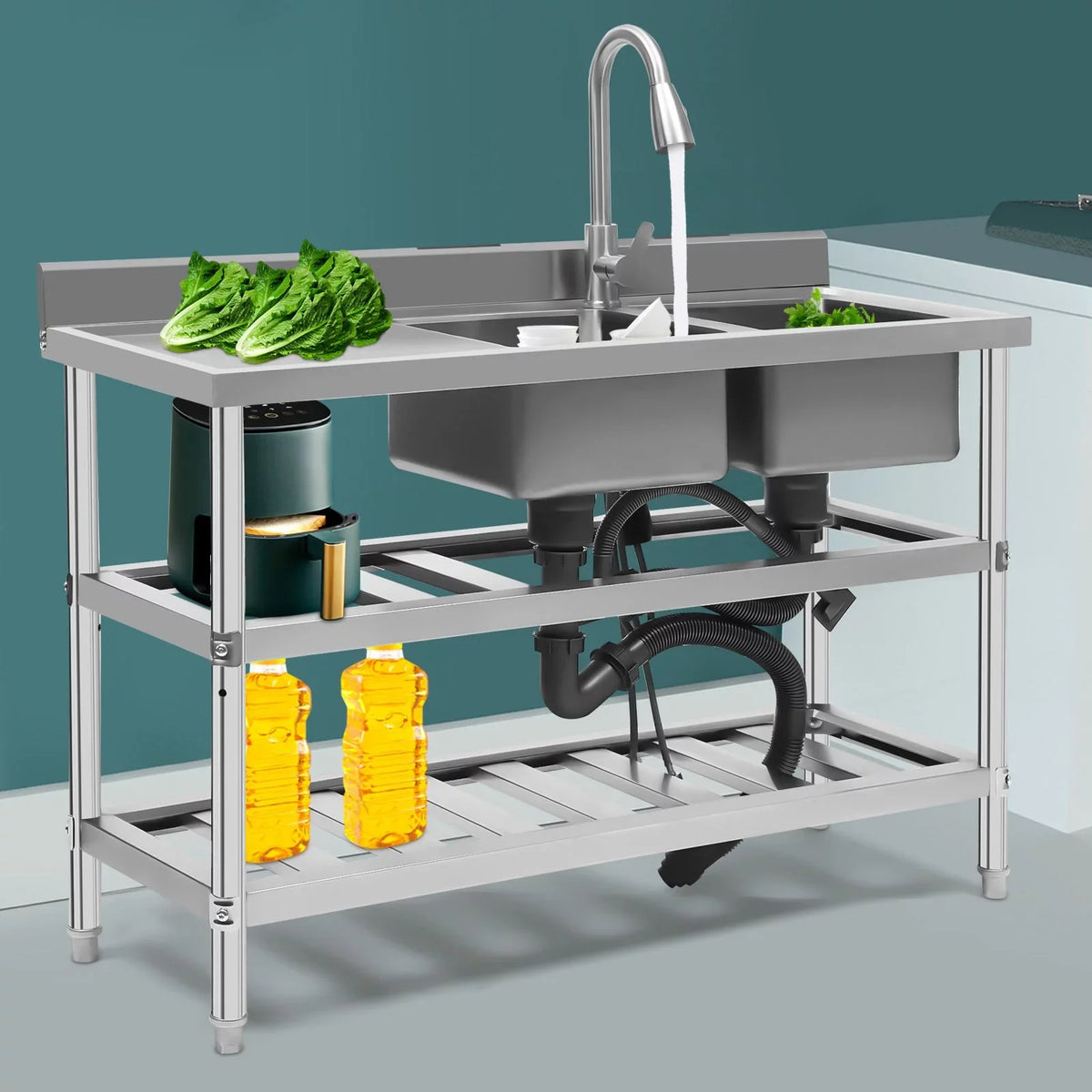 Stainless Sink Utility Kitchen with Steel and Cold Double Sink, Bowl Faucet Hot Wuzstar High Commercial
