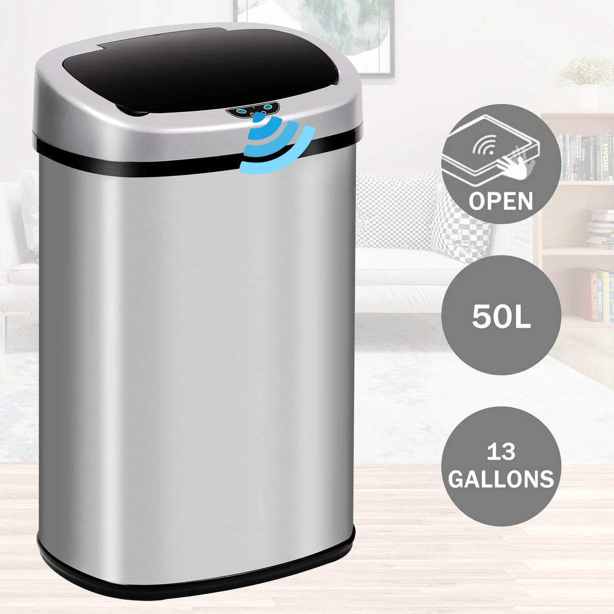 Lid, Can Anti-Fingerprint Touch-Free Kitchen Home, 13 Mute Stainless NiamVelo Gallon Sensor, Can with Automatic Bin for Waste & Designed Garbage Silver Trash Motion with Steel Office