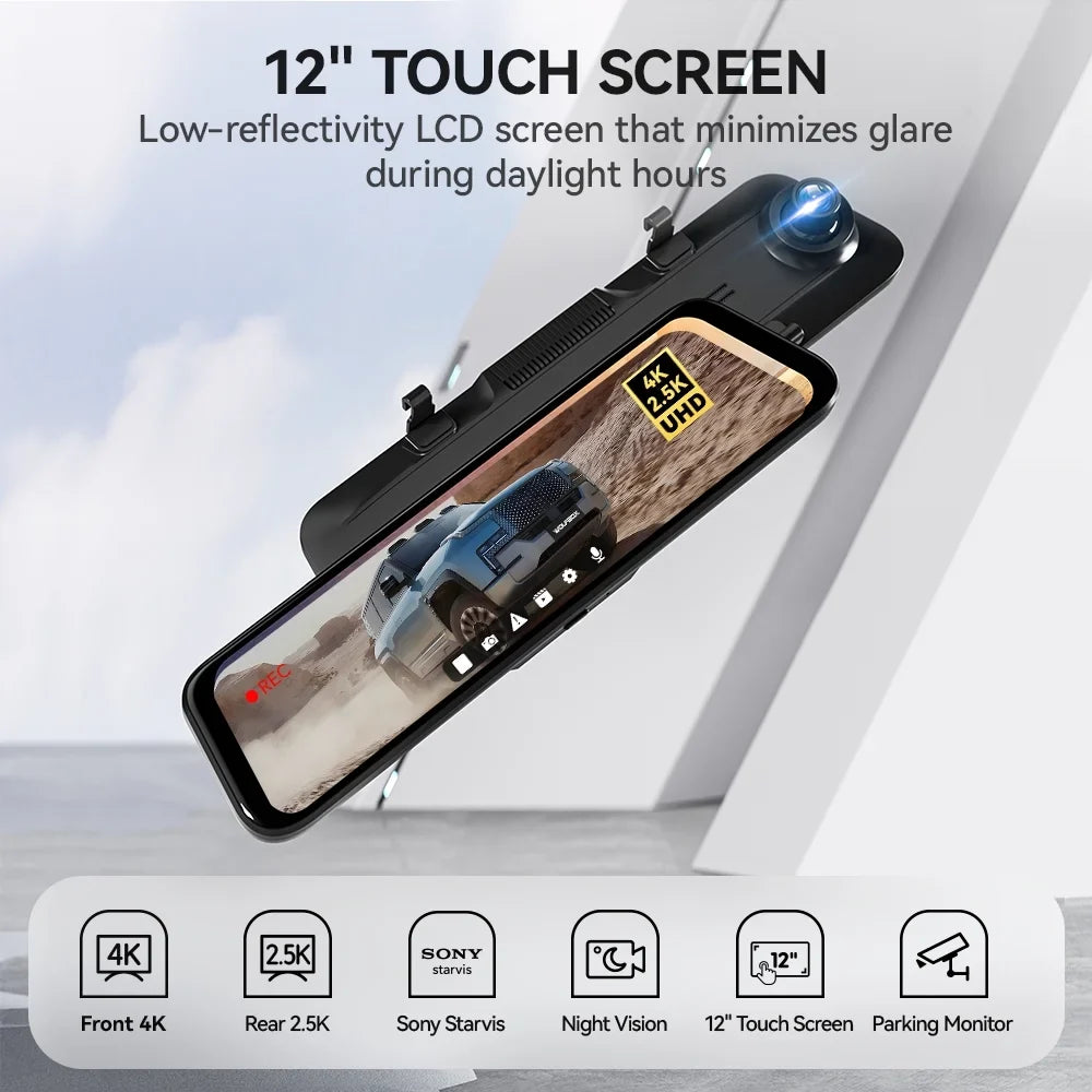 Card Mirror Cam, Cam Camera, and 4K 2.5K & WDR, with Dash Dash WOLFBOX Dash 64GB for GPS Camera Rear View Car Free 12" Night Mirror Vision, Front Rear Rearview