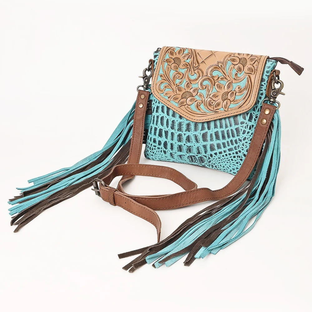 Hand Embossed women OHLAY handbag Crocodile Leather purse Tooled KB MESSENGER western bag Genuine