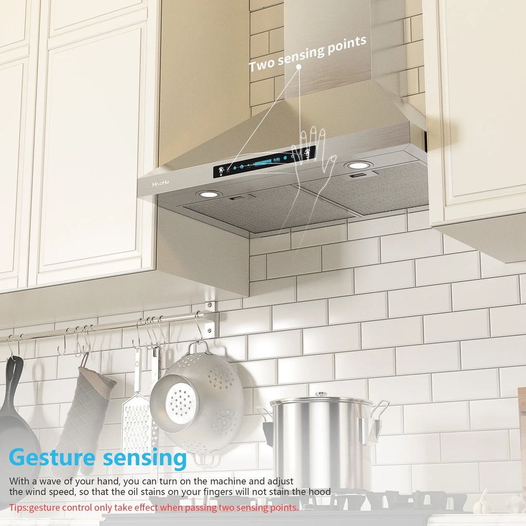 with HisoHu Stainless Vent CFM Kitchen Mount 4 Convertible Range Speed LED Hood Hood Inch Hoods Gesture Duct, Steel lights(A02-36") Ducted/Ductless 780 Dimmable Hood, Sensing Exhaust 36 with Wall