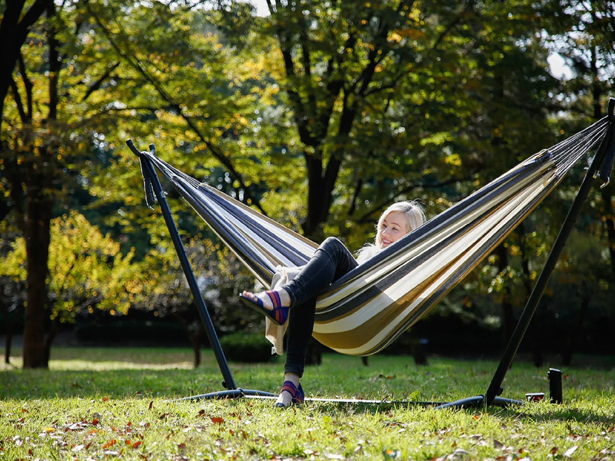 Hamptons Striped Grey Collection a Style Steel Brazilian Hammock Gold with 110” Hammock The and