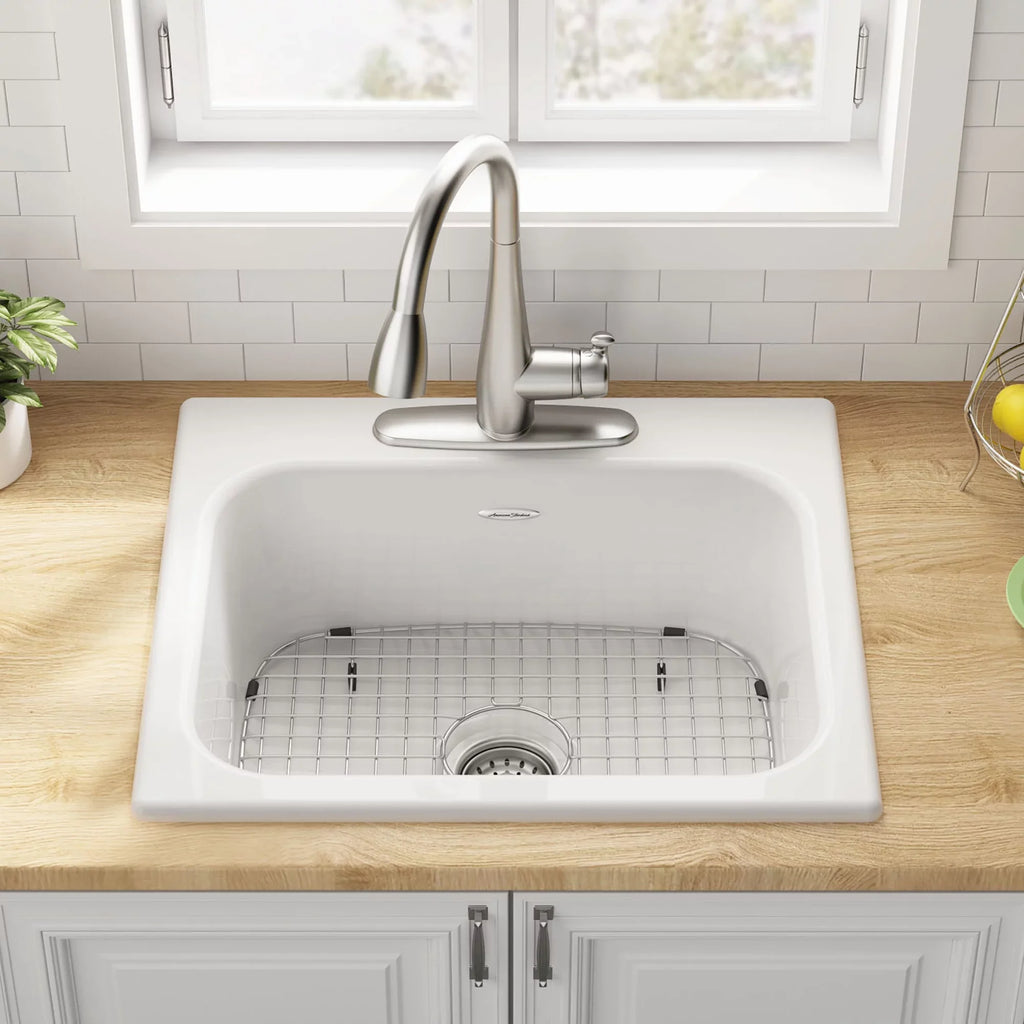 25 Quince Iron 3-Hole Kitchen Brilliant in White Sink Single Bowl Cast Standard in. American Drop-in