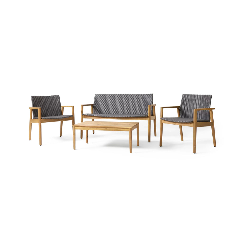 Remuda Wicker Wood and 4 Outdoor Teak Acacia Chat Seater , and Gray