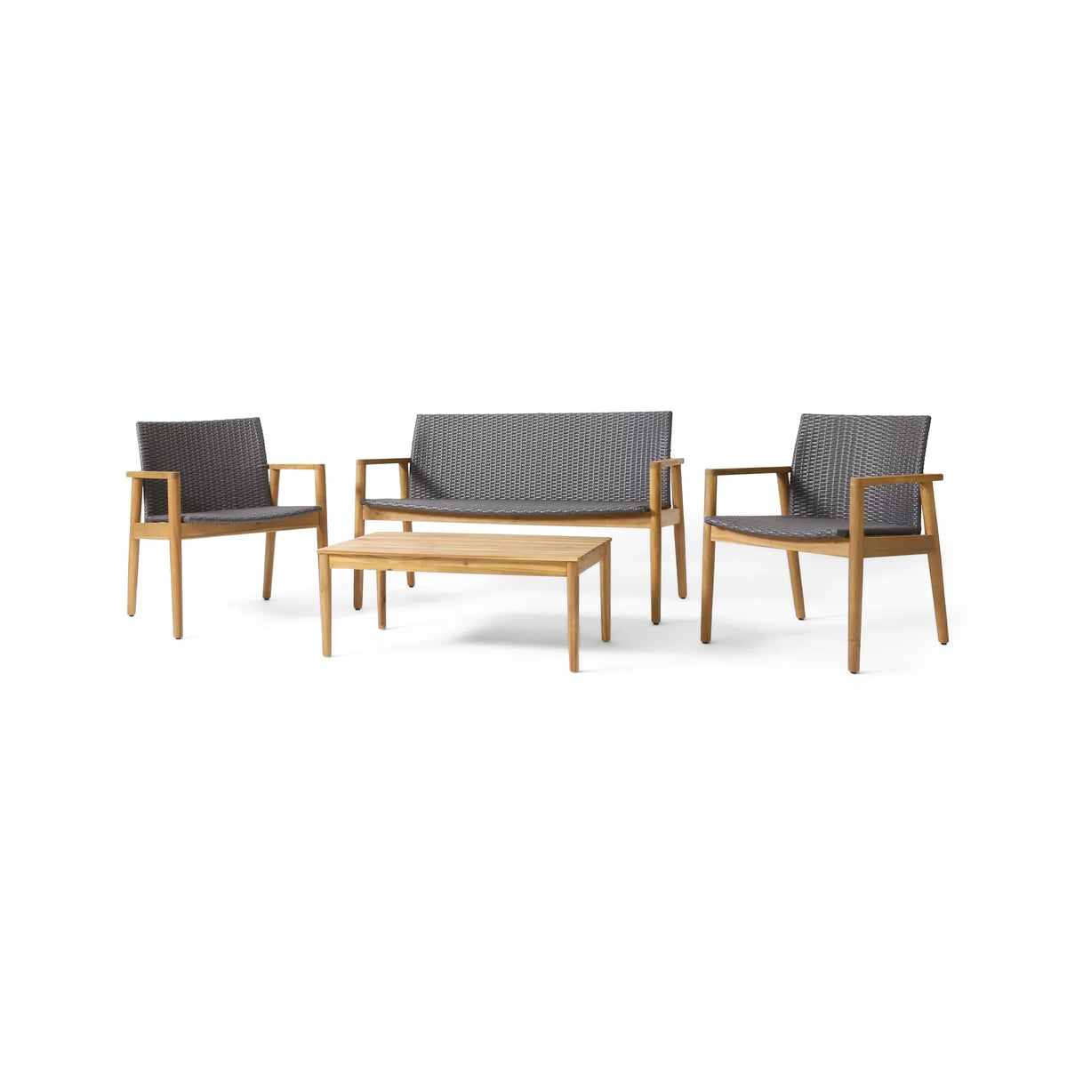 Remuda Wicker Wood and 4 Outdoor Teak Acacia Chat Seater , and Gray
