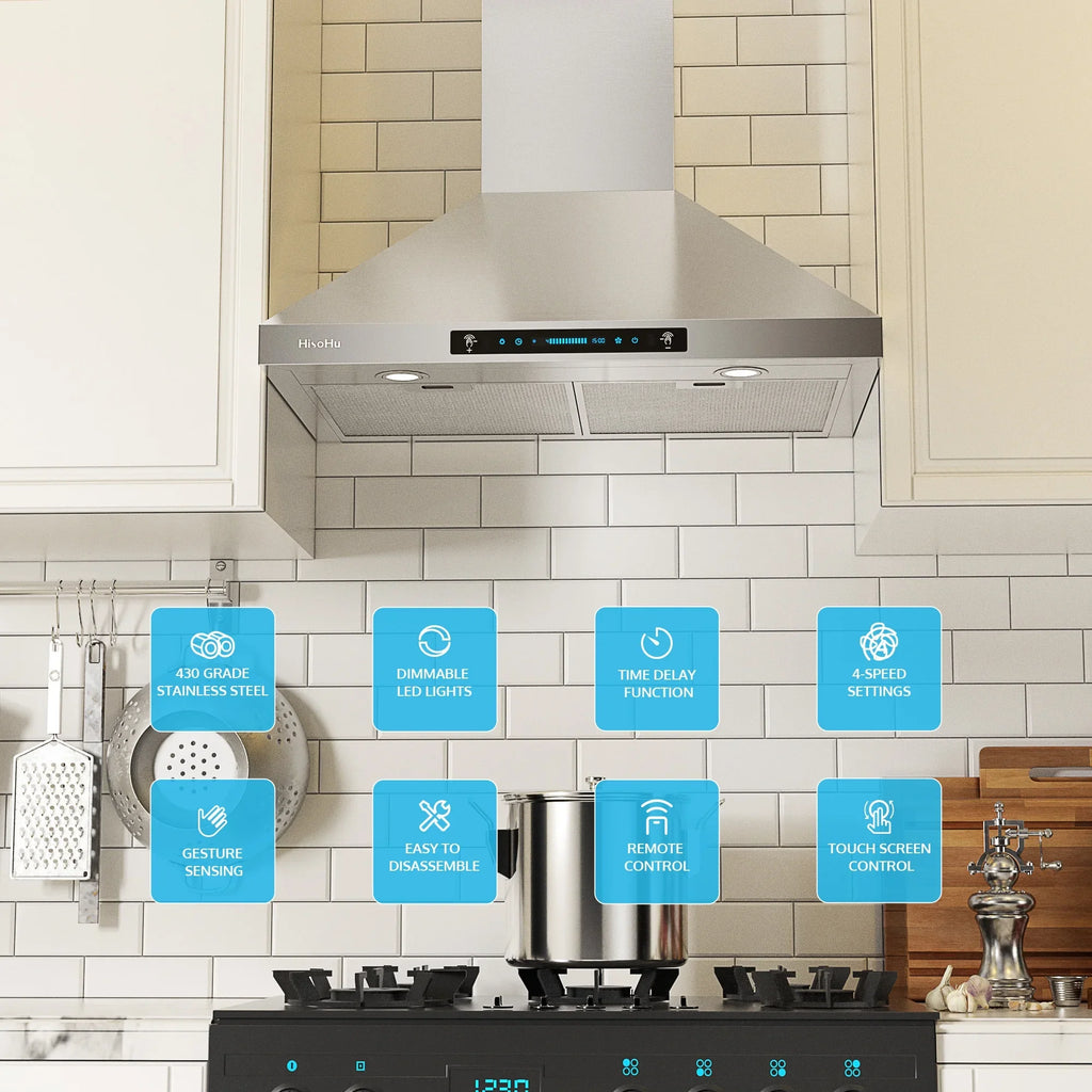 with HisoHu Stainless Vent CFM Kitchen Mount 4 Convertible Range Speed LED Hood Hood Inch Hoods Gesture Duct, Steel lights(A02-36") Ducted/Ductless 780 Dimmable Hood, Sensing Exhaust 36 with Wall