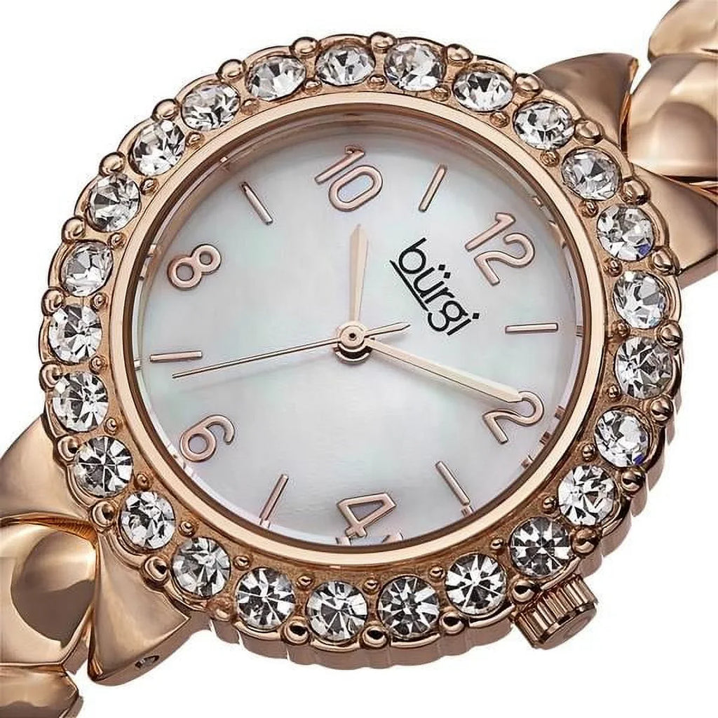 White Gold and with Crystal Bracelet BUR113RG Rose Rose Accented Women's Quartz Gold Mother Dial Watch Swiss Pearl of