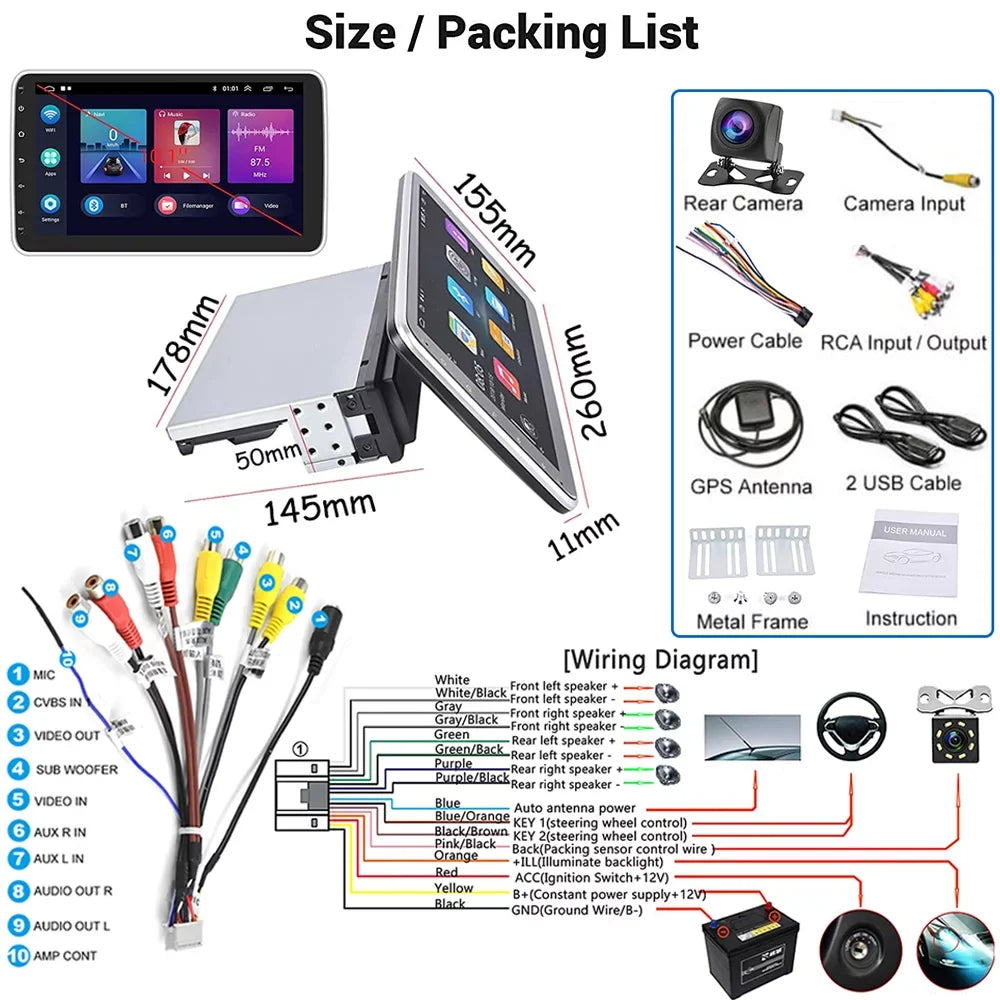 Stereo Android 180°Rotatable Podofo Wireless WIFI Android Camera FM HD AHD Vertical 1080P Bluetooth, GPS New 13 10.1'' Radio Carplay 1+16G Auto Din 1 Screen Car Single