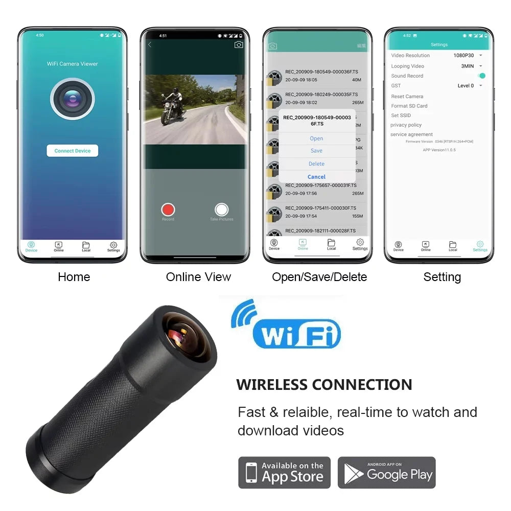 Super WiFi Motorcycle Action Camera, Loop Portable Night 2K Motorcycle WDR, 170° Vision Helmet Waterproof Lens, Recording Bike Angle Cam VSYSTO Wide Dash Camera,