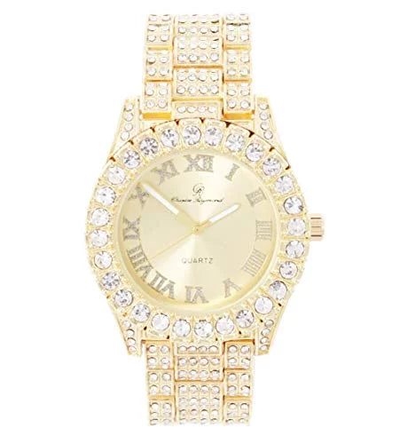 ST10327LA Out Big Out Rocks Iced Blinged Fully Charles (Gold-Gold) Women's Hop Numerals Wristwatch with Roman Raymond Dial - Hip