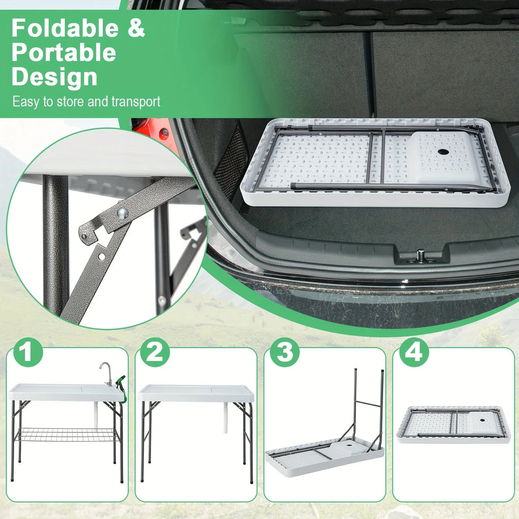 Rack Faucet Camping Cleaning Grid Table, Folding Portable W/ Hose Table Fish