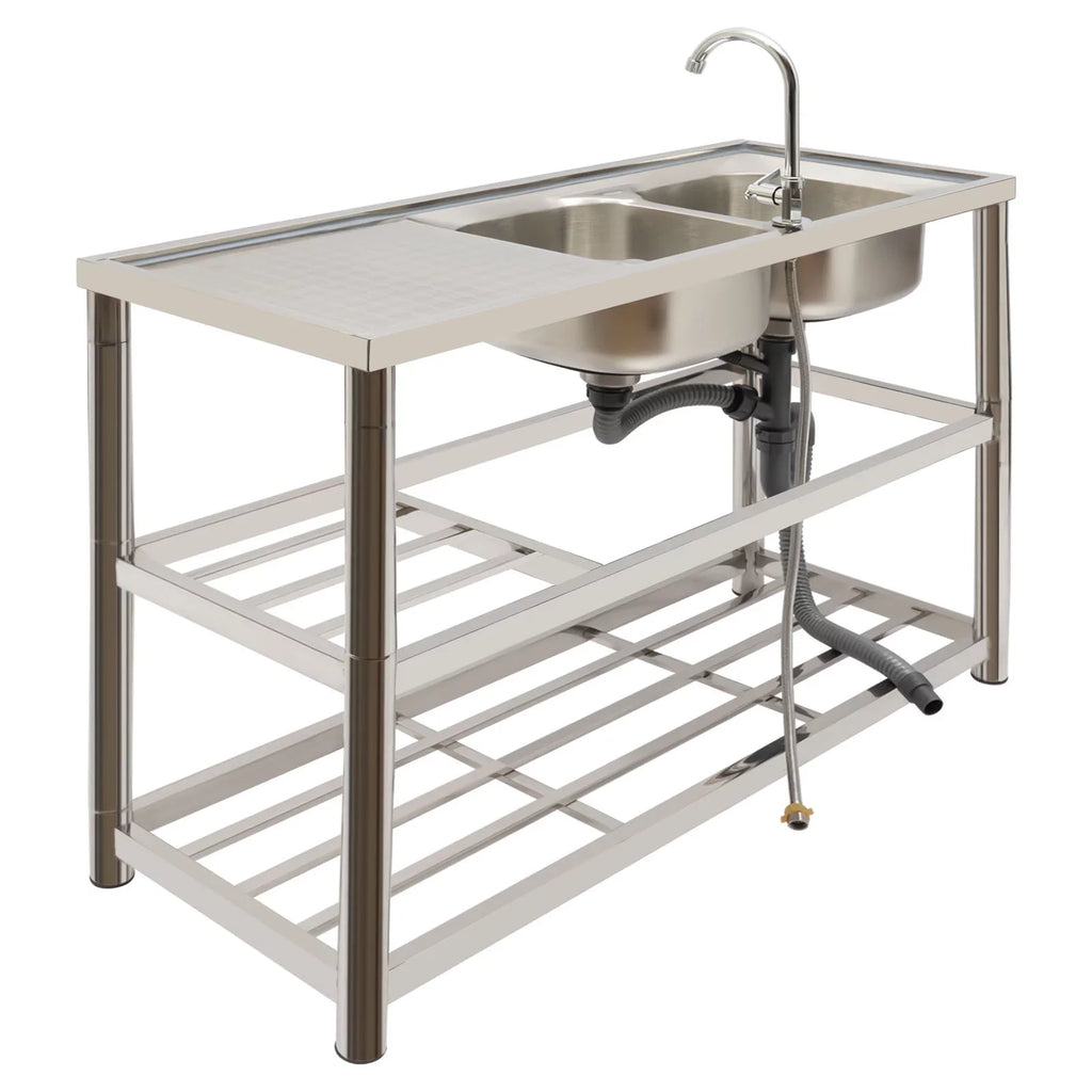 Sink Double Sink Prep Utility Basin Restaurant Aiqidi & Freestanding Bowl Kitchen with Steel Commercial Faucet+Drainpipe Stainless