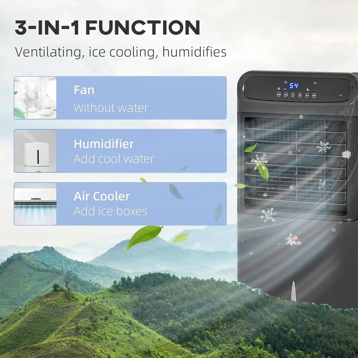 Water for 32" Unit LED Office, Evaporative Tank 3-In-1 Cooler, Fan HOMCOM Water Conditioner Humidifier Timer, Ice Mobile Home Bedroom, with 3.2gal Cooling Oscillating, Black Display, Air Remote,