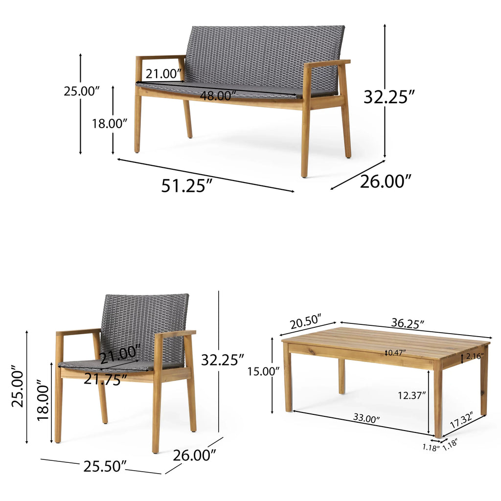 Remuda Wicker Wood and 4 Outdoor Teak Acacia Chat Seater , and Gray