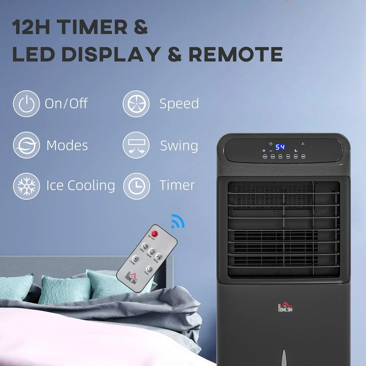 Water for 32" Unit LED Office, Evaporative Tank 3-In-1 Cooler, Fan HOMCOM Water Conditioner Humidifier Timer, Ice Mobile Home Bedroom, with 3.2gal Cooling Oscillating, Black Display, Air Remote,