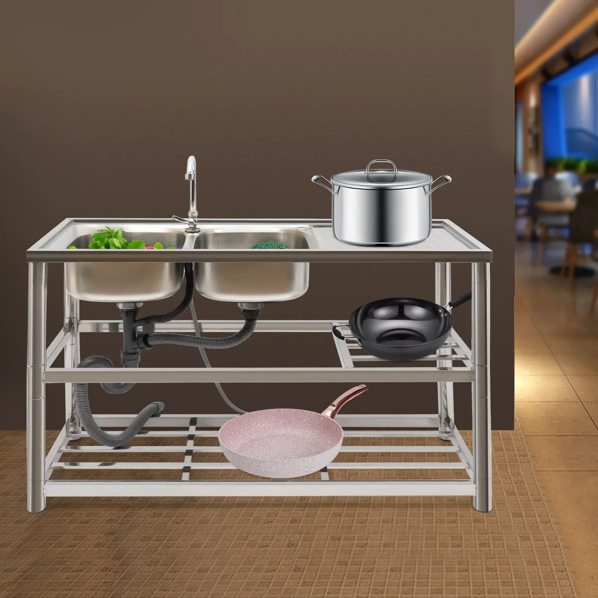 Sink Double Sink Prep Utility Basin Restaurant Aiqidi & Freestanding Bowl Kitchen with Steel Commercial Faucet+Drainpipe Stainless