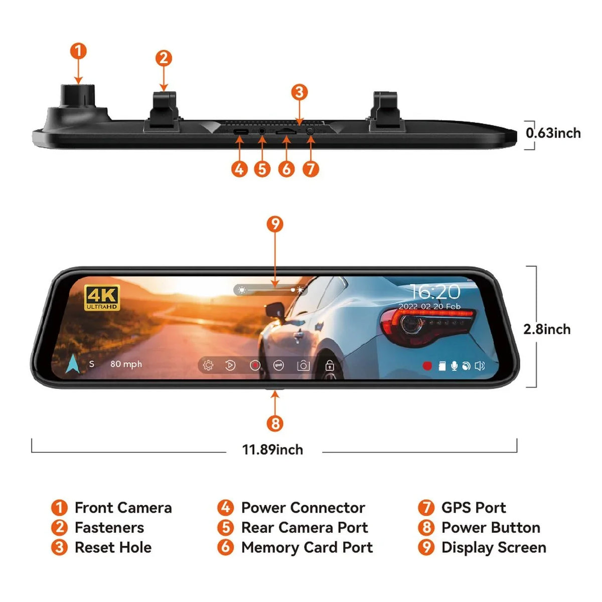 Mirror Dash & and Port GPS, Cameras 12'' Vision, 4K 1080P Vehicle, USB Front Super Rear with Rear WOLFBOX 64GB Cam, Dash Car Card C Night Free View