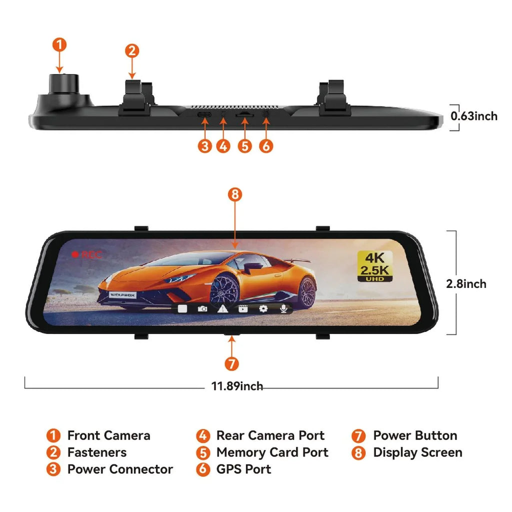Card Mirror Cam, Cam Camera, and 4K 2.5K & WDR, with Dash Dash WOLFBOX Dash 64GB for GPS Camera Rear View Car Free 12" Night Mirror Vision, Front Rear Rearview