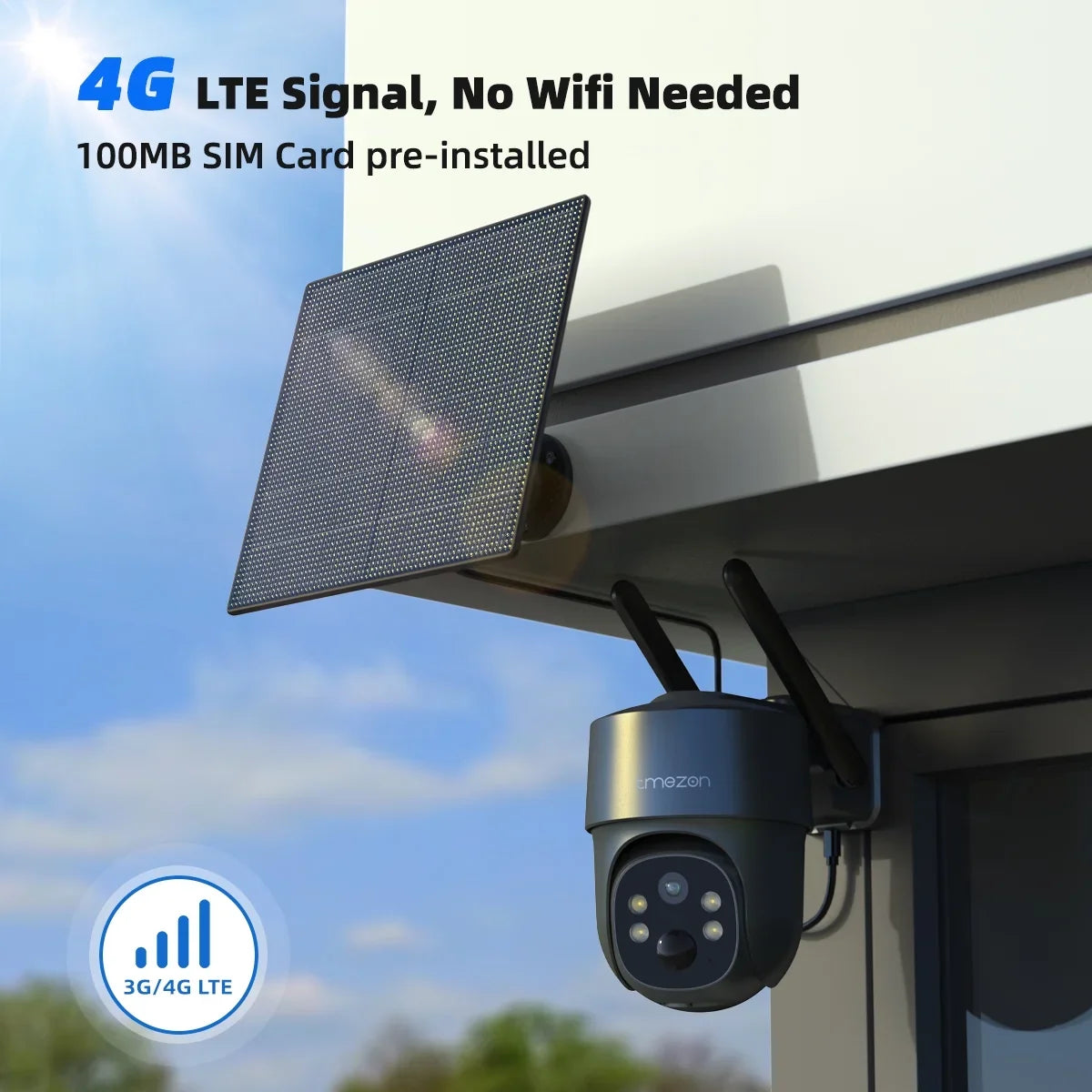 Waterproof 3MP LTE 4G IP66 with Color Home TMEZON Surveillance Security WiFi Surveillance Wireless Solar Camera Cellular Night Powered, Vision Spotlight Camera Camera