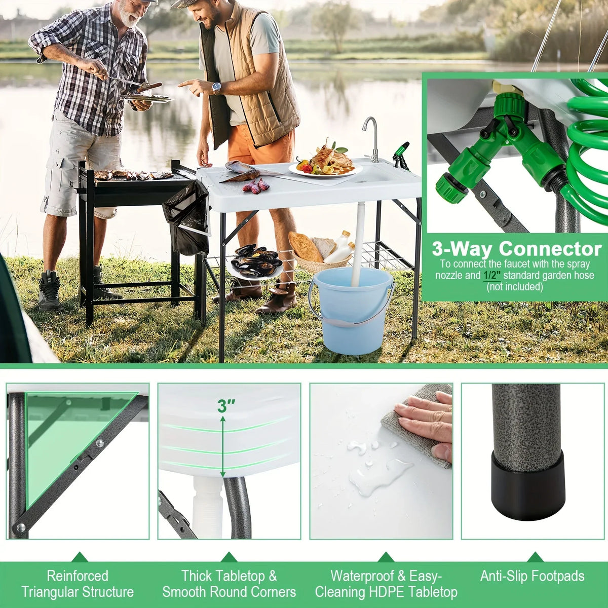 Rack Faucet Camping Cleaning Grid Table, Folding Portable W/ Hose Table Fish