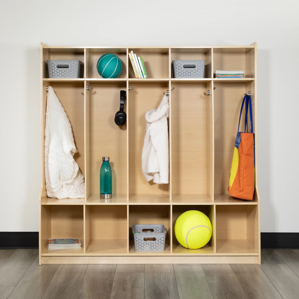 5 Design BizChair Locker Cubbies, Wooden Friendly and Storage Organizer Bench, 48"H School Coat 48"L - with Kid x Section Hook-Safe, (Natural)