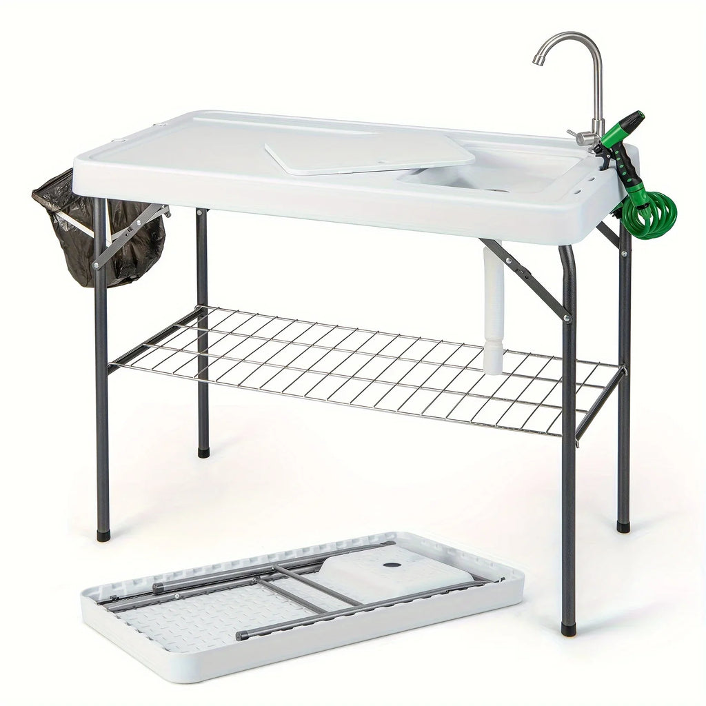 Rack Faucet Camping Cleaning Grid Table, Folding Portable W/ Hose Table Fish
