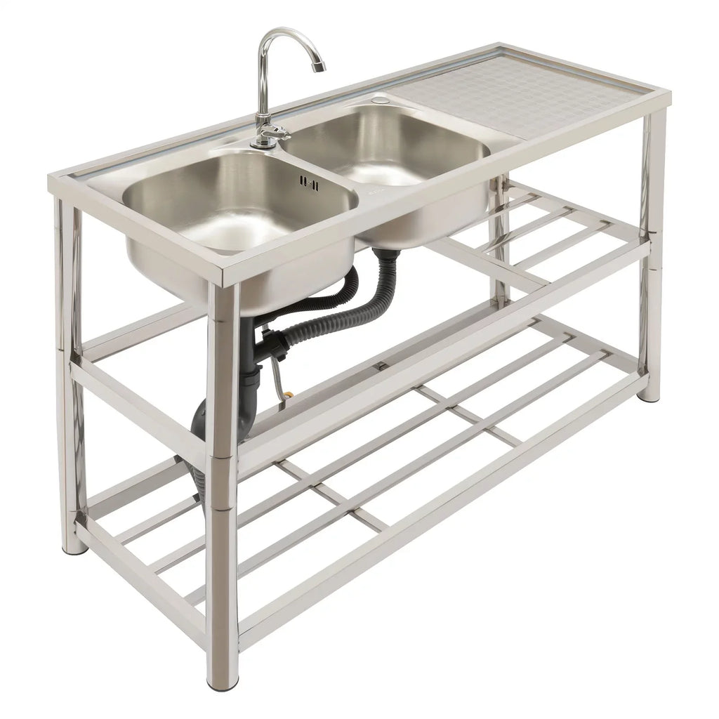 Sink Double Sink Prep Utility Basin Restaurant Aiqidi & Freestanding Bowl Kitchen with Steel Commercial Faucet+Drainpipe Stainless