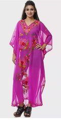 up Bikini Embroidered Hand Wear Cover Maxi Caftan Dress Magenta L-51" Georgette