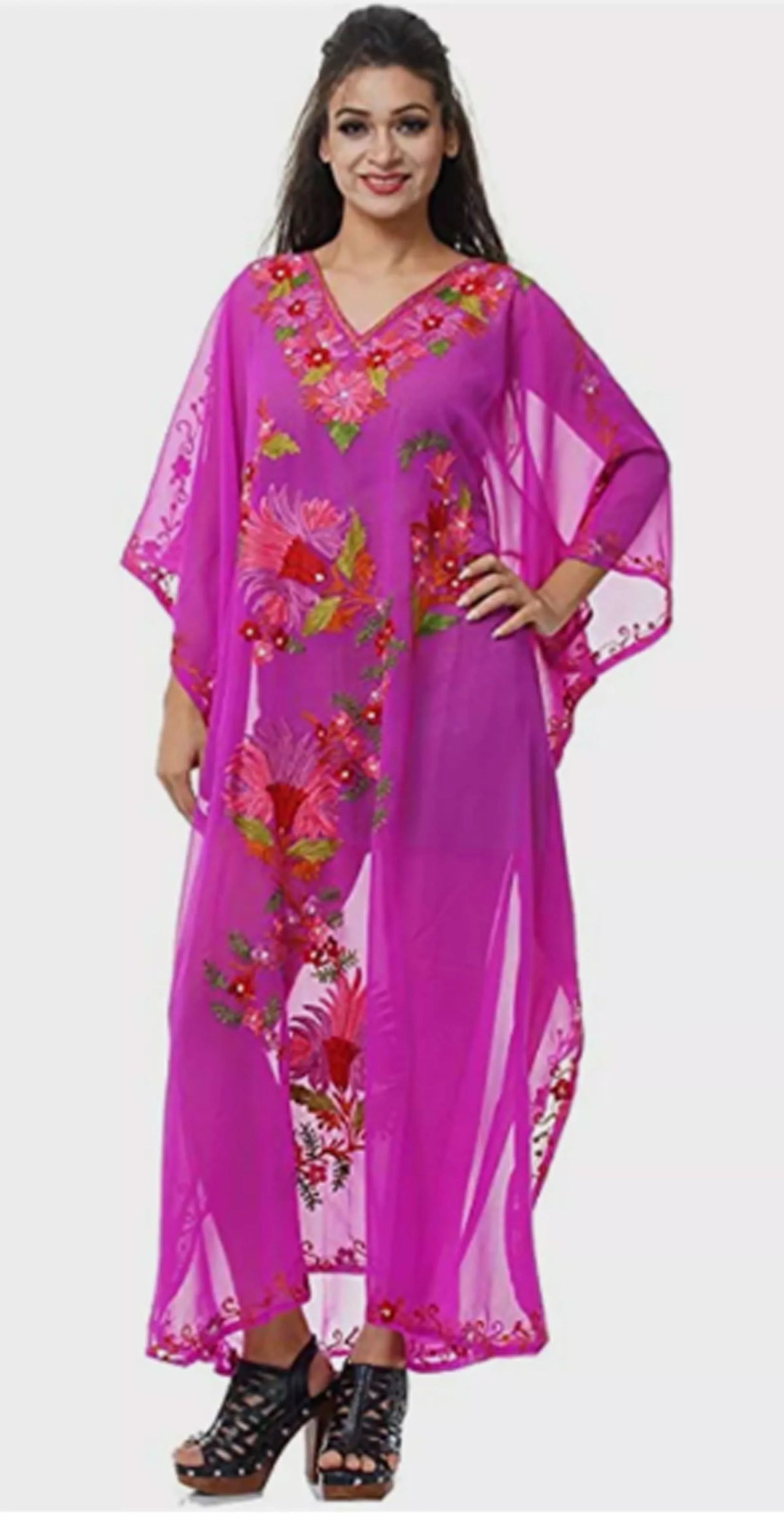 up Bikini Embroidered Hand Wear Cover Maxi Caftan Dress Magenta L-51" Georgette