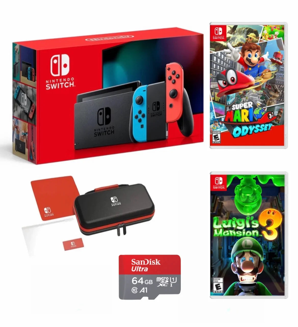 Case Odyssey with Blue + Neon Console Bundle 64GB Nintendo + Neon 3 Mario Joy-Con - Red MicroSD + Carrying & Super Card with Switch Luigi's Switch Mansion