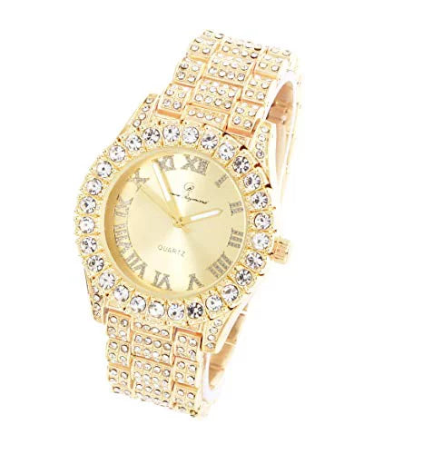 ST10327LA Out Big Out Rocks Iced Blinged Fully Charles (Gold-Gold) Women's Hop Numerals Wristwatch with Roman Raymond Dial - Hip