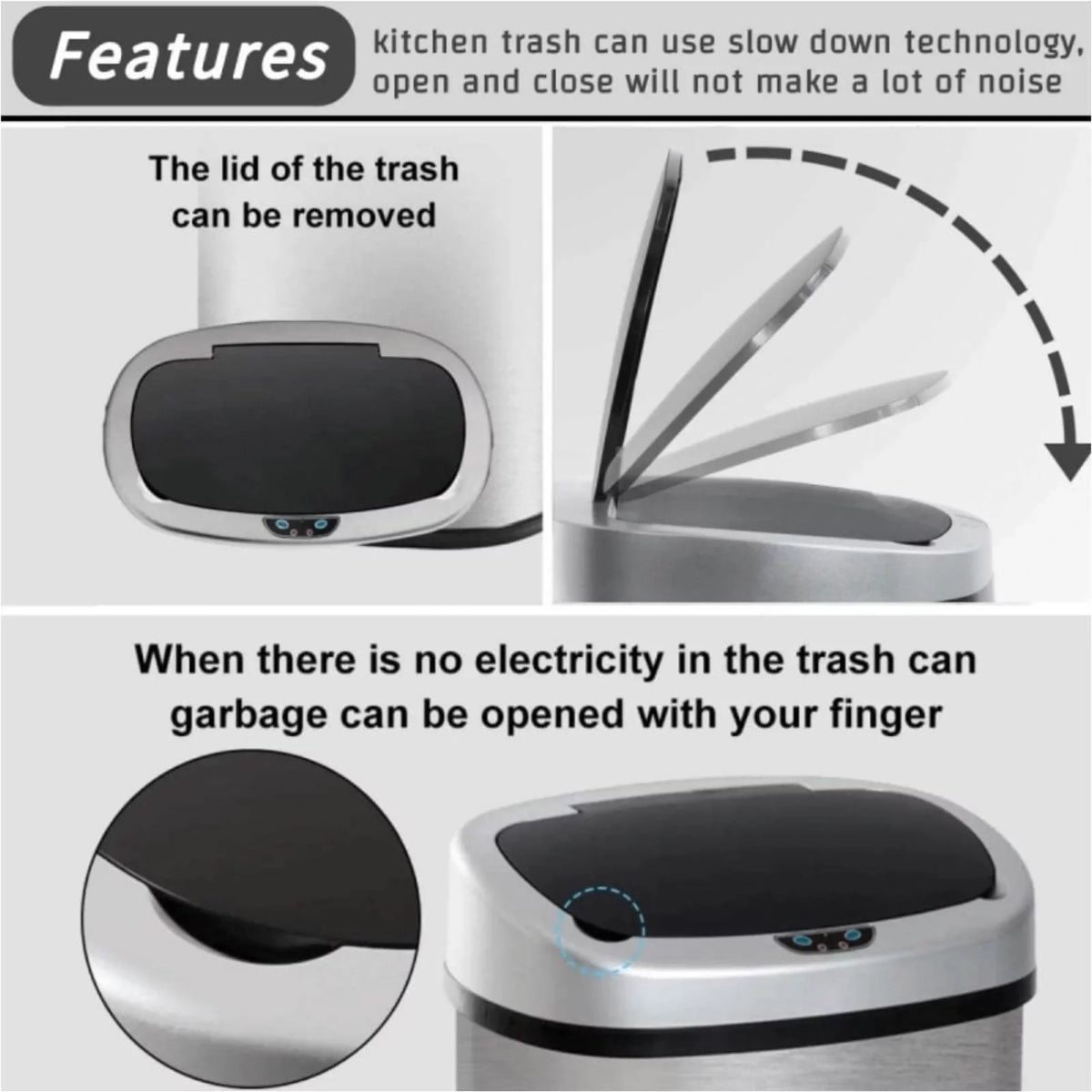 Lid, Can Anti-Fingerprint Touch-Free Kitchen Home, 13 Mute Stainless NiamVelo Gallon Sensor, Can with Automatic Bin for Waste & Designed Garbage Silver Trash Motion with Steel Office