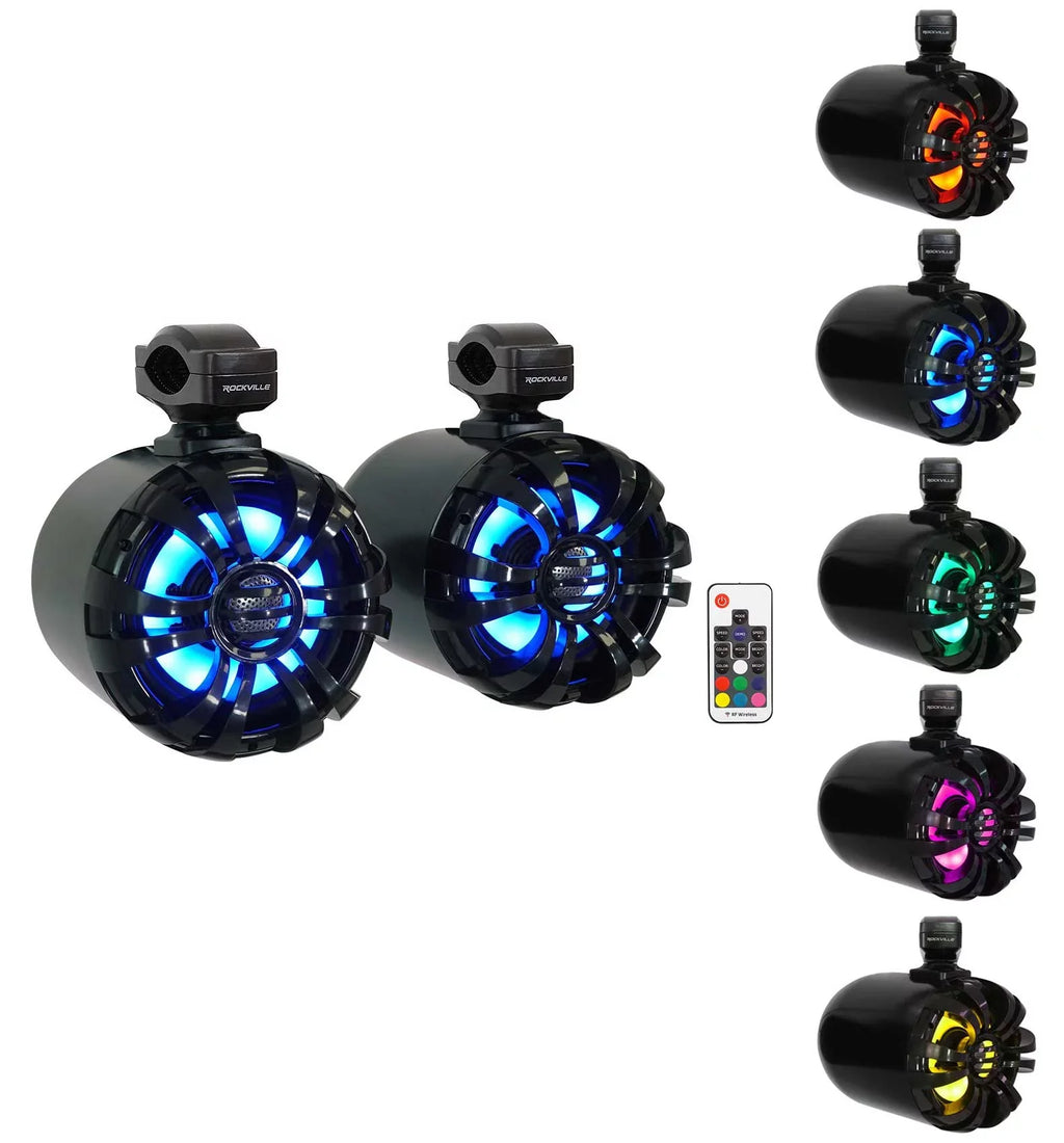 Speakers+Remote 600w Marine Wakeboard 6.5" Rockville Tower Pair LED Black WB65KLED