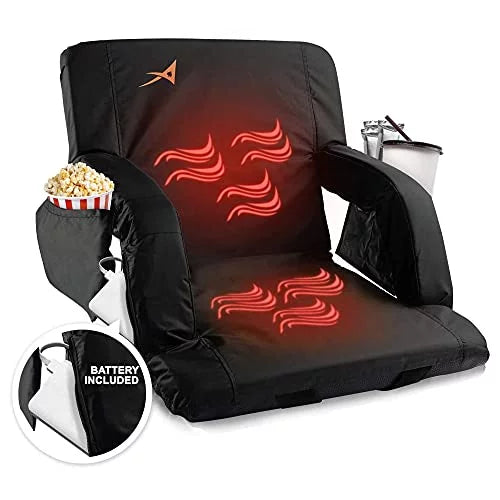 Support Double with Chair Battery Heat Wide Heated – Foldable Included Back USB Seats Levels Holder Pockets, 3 Games - 4 Bleachers Cushioned, Cup of for - - ACELETIQS - Stadium Upgraded Camping,