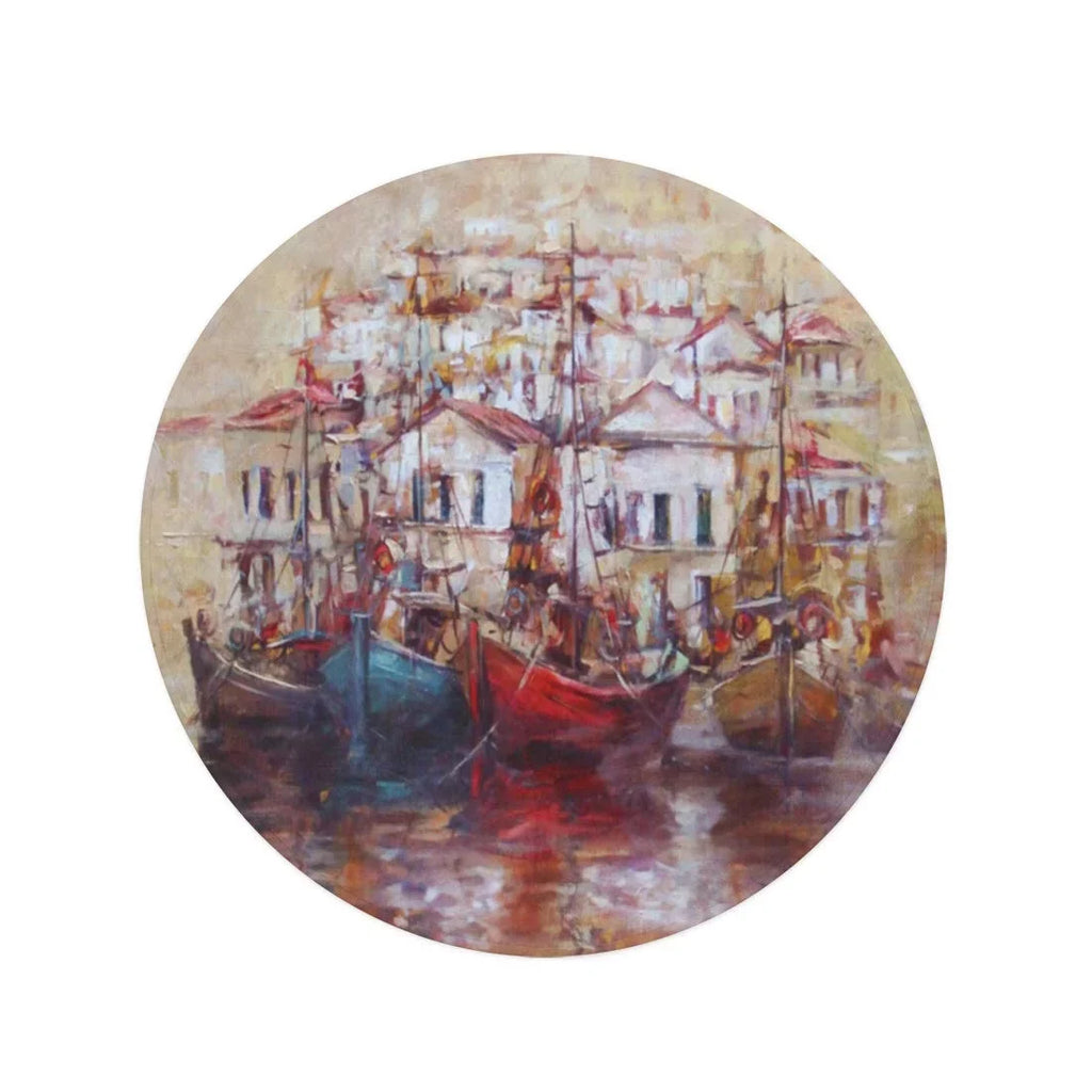 Canvas Blanket Beach 60 Throw Roof Towel Circle Beach Harbor on SIDONKU Mat Boats Tapestry Painting Round Red Towels Oil Circular inch Travel Island