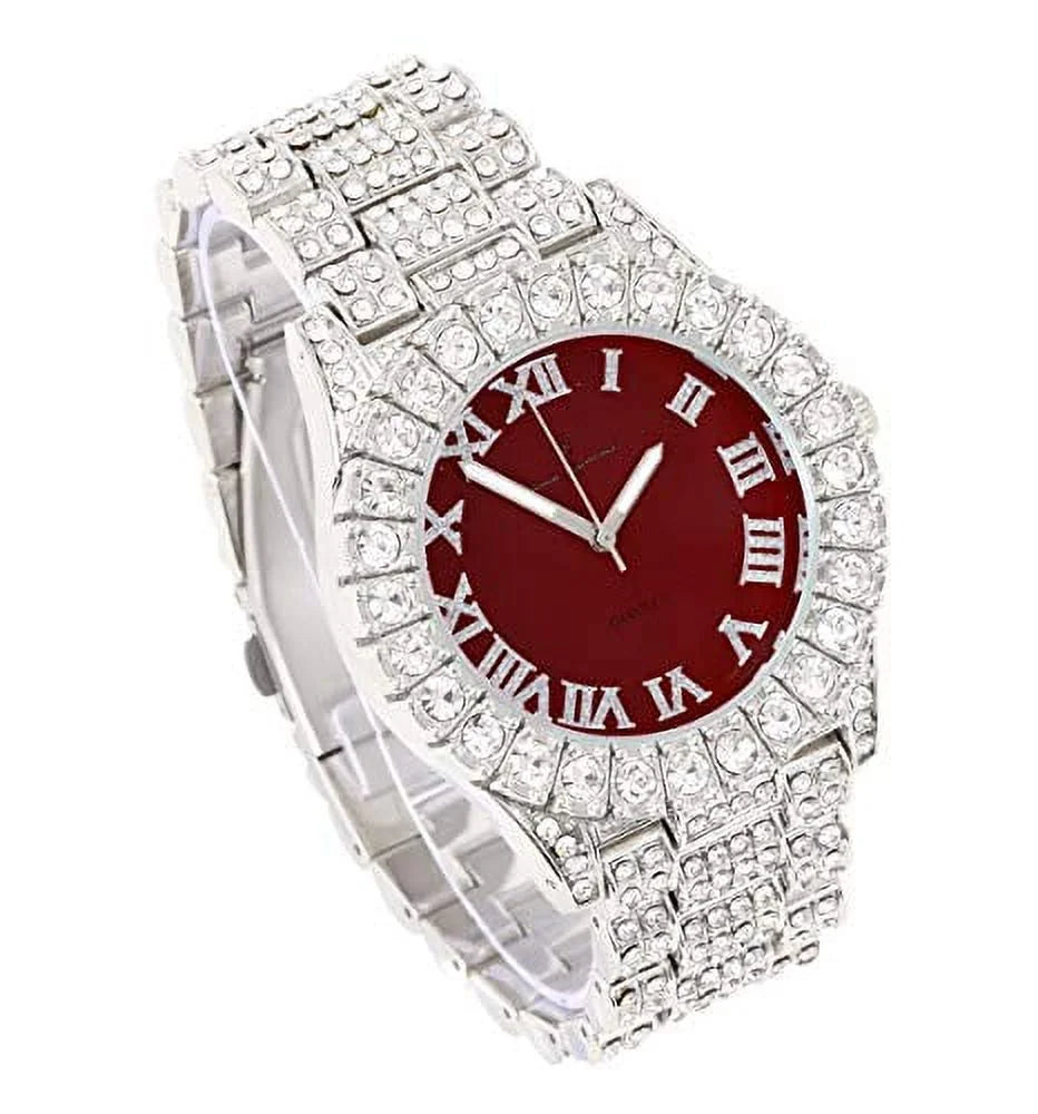 '- Blinged Burgundy) Big Charles Bracelet Numerals ST10327LA Hop Roman Rocks Dial Bezel - Iced Women's Out Set Fully with Hip Tennis Wristwatch Colored Raymond and Silver Out Sparkling (TLA