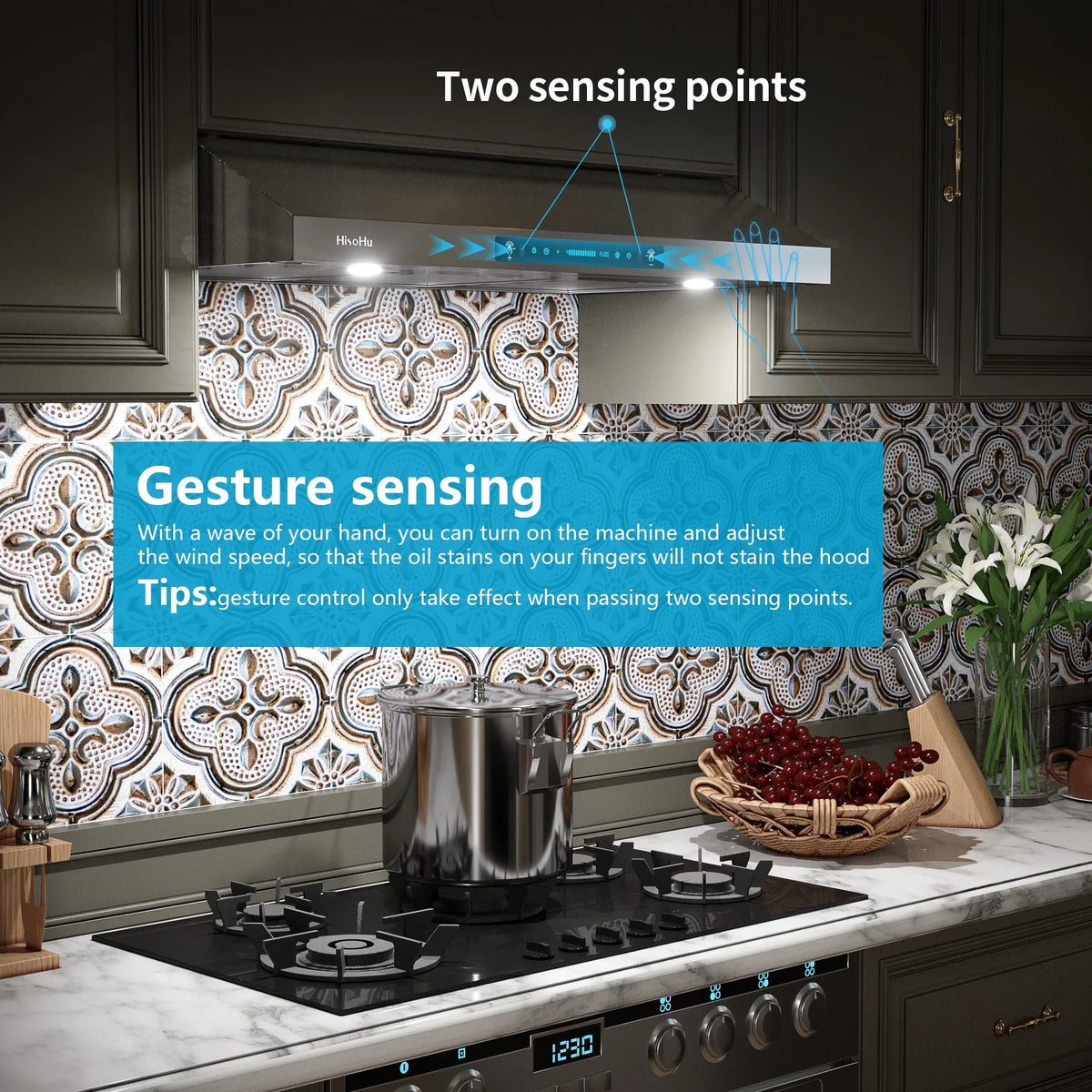 Gesture Inch Sensing&Touch Stainless Kitchen Steel Control Panel, Under Hoods HisoHu Speed 4 900-CFM, Cabinet 30 Vent with Range