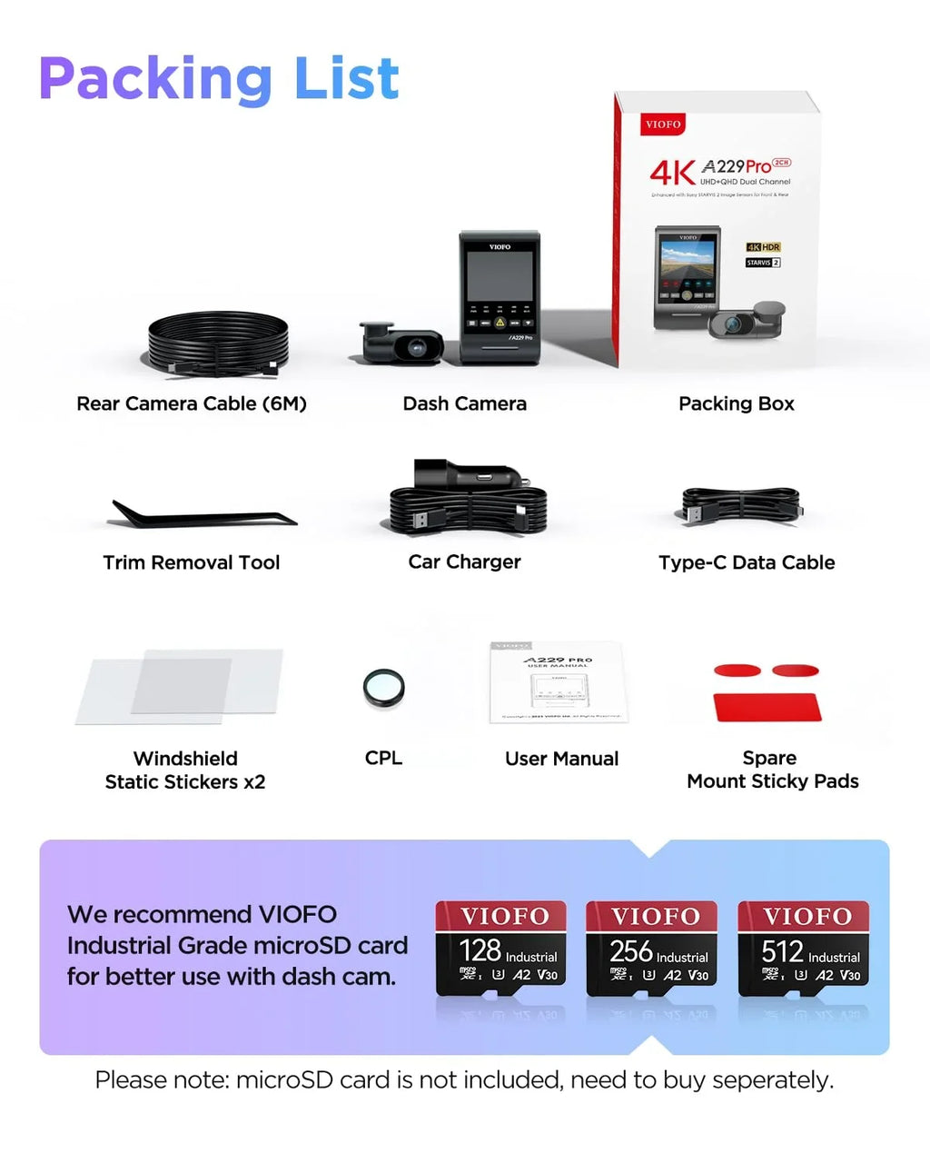 VIOFO Dual 2CH Rear A229 IMX678 lb 2 4K+2K Pro IMX675 2 Camera & Front with Car Dashcam STARVIS GPS,