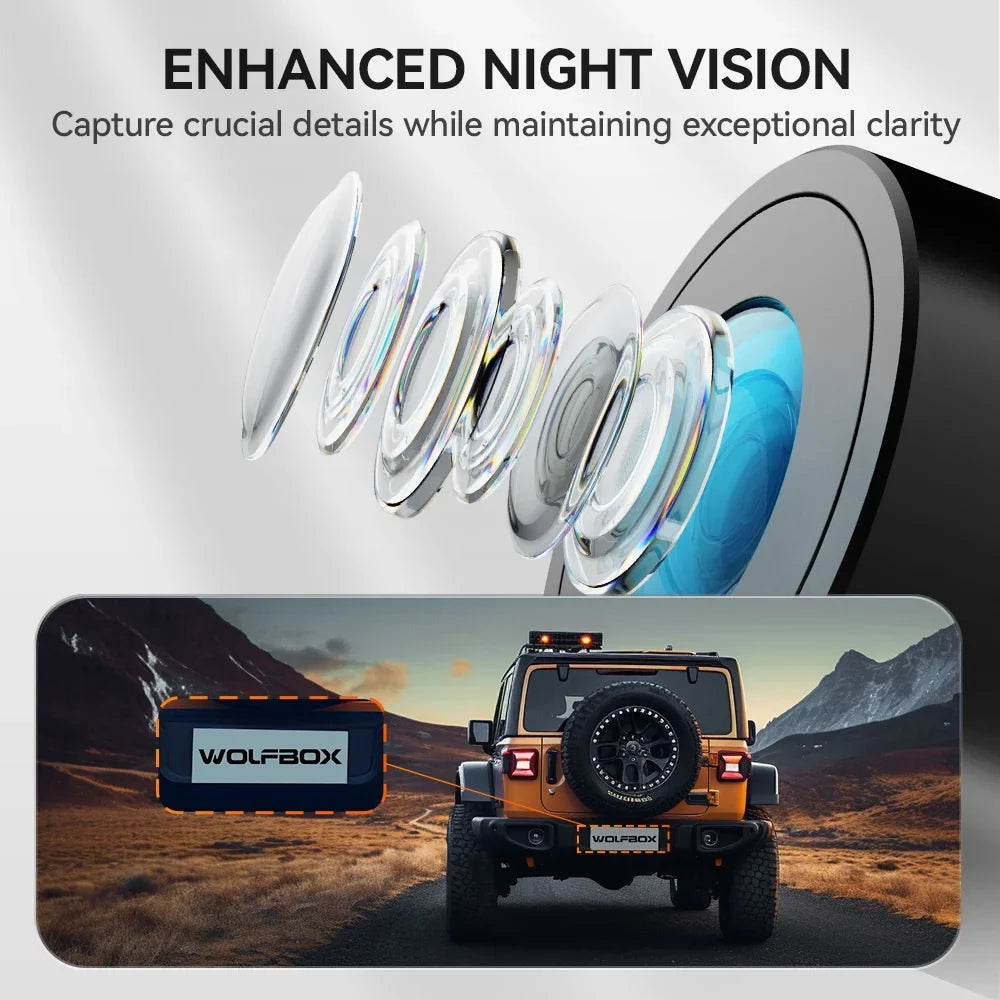 Card Mirror Cam, Cam Camera, and 4K 2.5K & WDR, with Dash Dash WOLFBOX Dash 64GB for GPS Camera Rear View Car Free 12" Night Mirror Vision, Front Rear Rearview