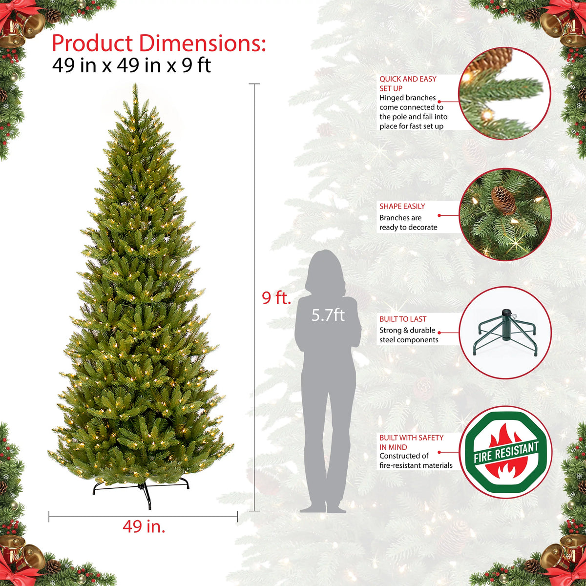 listed Fir Lights Fraser ft. Pre-lit UL Christmas Slim 800 Clear Artificial 9 Tree