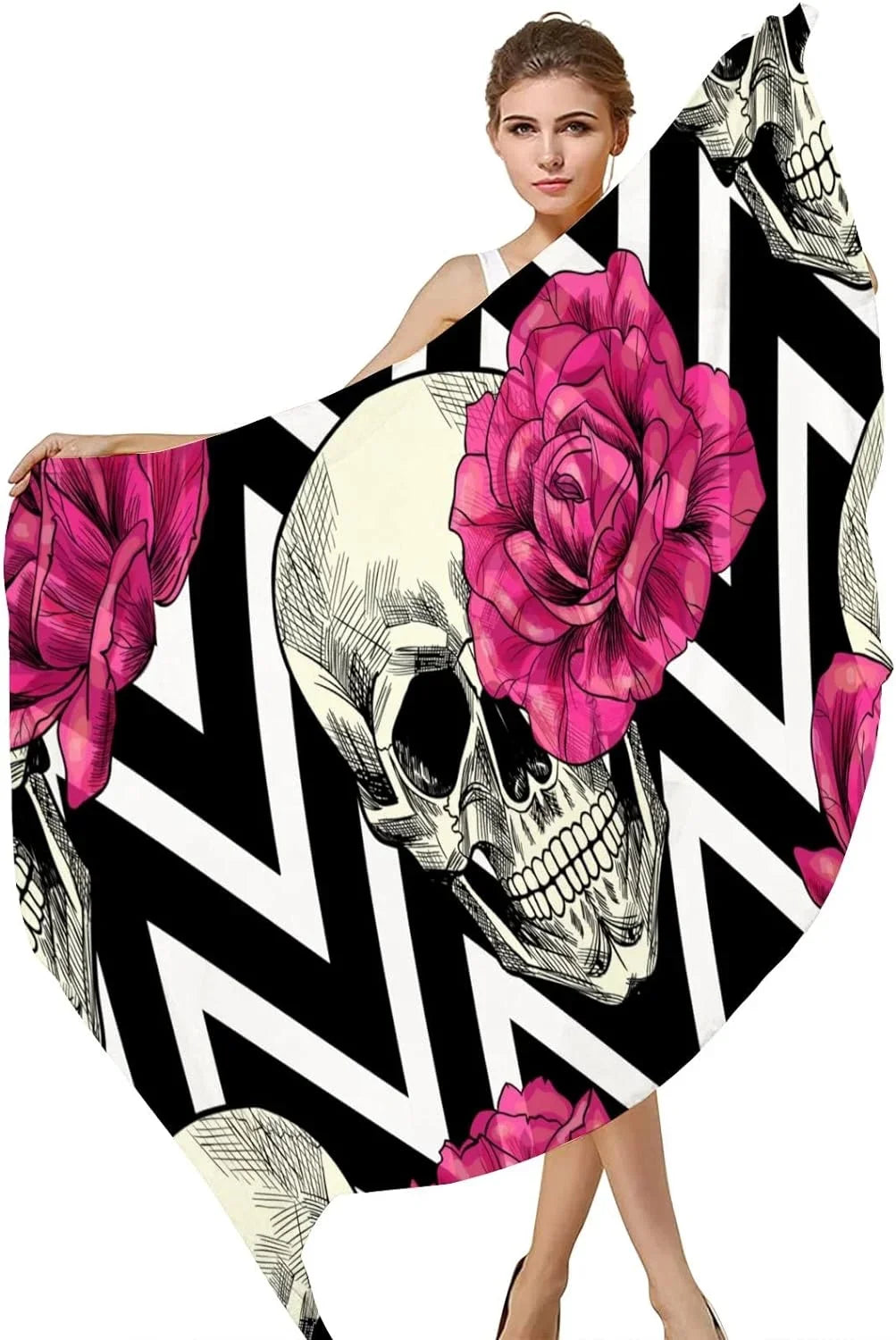Hyjoy Lightweight And Pink Girls Silk Roses Wrap Women Skull Long Scarves Shawl for Scarf Neck