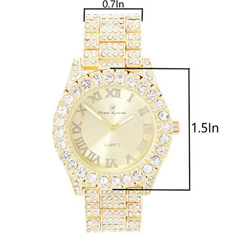 ST10327LA Out Big Out Rocks Iced Blinged Fully Charles (Gold-Gold) Women's Hop Numerals Wristwatch with Roman Raymond Dial - Hip