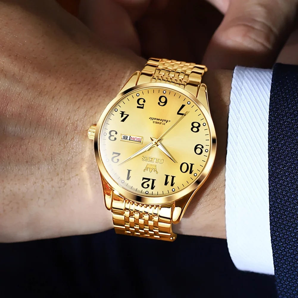 Winding Large Self Para Face Men Wristwatch for Gifts OLEVS Hombre, Numerals Dial Waterproof Easy Adult for Watch Male Reader Reloj Men, Gold Arabic