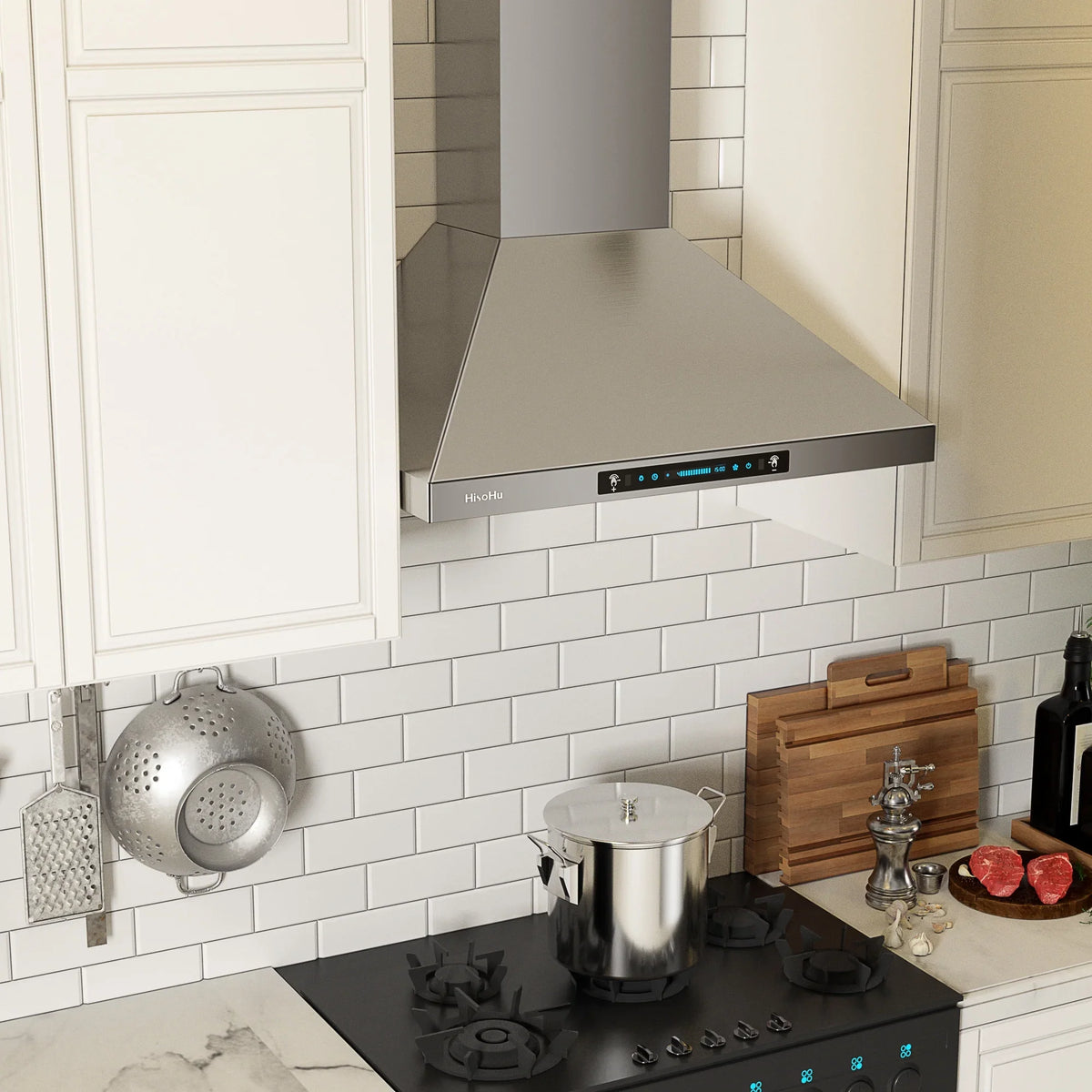 with HisoHu Stainless Vent CFM Kitchen Mount 4 Convertible Range Speed LED Hood Hood Inch Hoods Gesture Duct, Steel lights(A02-36") Ducted/Ductless 780 Dimmable Hood, Sensing Exhaust 36 with Wall